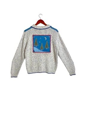 VTG Pine Trees Embroidered Ivory Silk Blend Knit & Denim Button Front Jacket